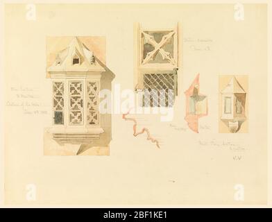 Rendu de deux lanternes en pierre du Château d'Amboise France. A gauche, élévation montrant trois côtés d'un octogone avec base et toit pointés. Vue détaillée de deux panneaux avec porte en fer et trachée de pierre; en dessous, la moitié de la section de la base. Banque D'Images