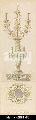 Conception pour un Candelabrum. Design pour un candélabre en marbre et en bronze. Un vase en marbre haut avec supports en bronze composés de moulures garrodées, de moulures enrichies et de deux mermaids. Du vase ressort trois branches en bronze fleuri avec des bougies placées à l'intérieur. Banque D'Images