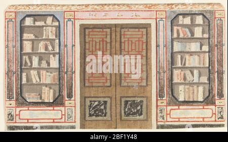 Conception pour Doorway et Bookcase probablement pour Kings Library Royal Pavilion Brighton. Élévation d'un mur, avec une large porte au centre. Les murs à gauche et à droite contiennent des bibliothèques. Banque D'Images