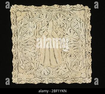 Couverture de Chalice. Le design se compose d'une figure d'évêque, entouré de rouleaux floraux se terminant dans les têtes d'ange à chacun des quatre coins. La bordure est constituée de formes florales stylisées. Modèle relié par des brides, décrit par le cordonnet, intercalé par des portes. Banque D'Images