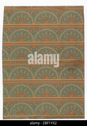 Bordure. Six bandes parallèles, fonctionnant avec la longueur du papier, chacune avec un motif semi-circulaire répété de formes foliaires conventionnelles radiantes, avec un groupe de trois fleurs de lotus entre les demi-cercles.couleur : bleu et sourcils sur terre foncée d'arthen brun. Banque D'Images