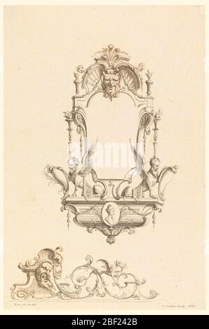 Design pour Cartouche avec Cupid A Horse and Spears from cartridges Nouvellement Adventez. Conception d’une cartouche composée d’un masque au-dessus, en dessous des sphinxes avec des têtes d’hommes barbus; image de profil d’une femme. La partie inférieure de la conception comprend des courbes C foliées qui poussent de la tête d’un homme barbu. Banque D'Images