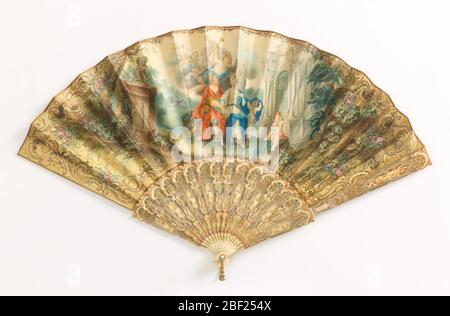 Ventilateur plissé. Ventilateur plissé à double feuille. Obverse : feuille de parchemin peinte avec scène classique de figures dans un jardin avec architecture et anges. Inverse : feuille de soie peinte avec bordure. Banque D'Images