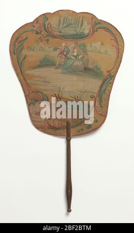 Écran tactile. Handscreen avec une feuille de papier peinte à la main et poignée en bois tournée. Obverse : homme et femme dans le paysage. Inverse : branche fleurie avec fleurs roses et rouges. Banque D'Images