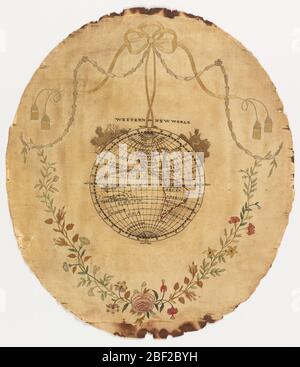 Echantillonneur de carte. Globe montrant l'Amérique du Nord et du Sud avec des figures représentant les colons et un Indien amérindien. Entouré de vaporisateurs fleuris attachés à un ruban taselé. Banque D'Images