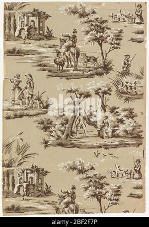 Flanc. Partie d'un rouleau inutilisé avec des scènes figurées. Femme en balancement accrochée entre deux arbres, accompagnée par l'homme et la femme sur âne, accompagnée de chèvre et de chien, pointant vers le bâtiment détruit dans le marais. Banque D'Images