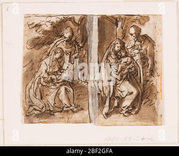 Demi-page d'un carnet de croquis Virgin and Child et un troisième chiffre. Virgin assise sous un arbre tenant le bébé Jésus sur ses genoux. Derrière elle une autre figure, peut-être Joseph. Recto: L'autre moitié de la scène de banquet au verso de 1947-58-5. Banque D'Images