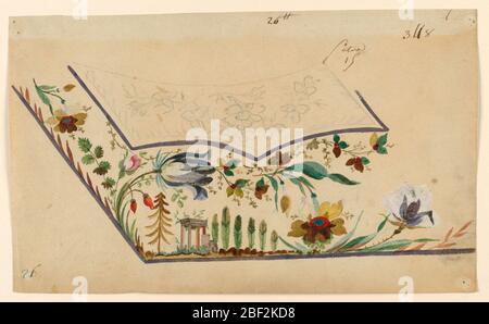 Design no 15 pour la broderie d'un gilet de costume du Mans non fini. Motif brodé du coin inférieur gauche d'un gilet de costume pour homme, inachevé. Motif tracé sur la poche. Paysage avec un temple en ruines. Fleurs de renteaux et de bouges. Banque D'Images