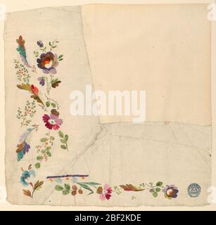 Motif pour les parties de la broderie d'un gilet de costume du Mans. Disposé pour former un angle. Bouges de fleurs. Bordure, feuilles alternées sous une bande. Inverse : tracé ; bord incurvé avec moitiés de fleurs. Banque D'Images