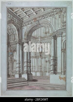 Vue sur le design de la scène dans le palais. Rectangle vertical. Vue sur les hauts halls voûtés d'un palais, richement décoré avec des colonnes. Deux lanternes suspendues au plafond, plafond à cercueil avec décoration florale en premier plan. Banque D'Images