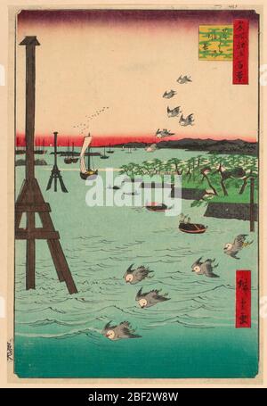 Vue sur la Shiba Coast Shibaura no fukei de la série cent vues célèbres d'Edo. Ce document contient de nombreux exemples d'utilisation de la perspective. Trois groupes de mouettes sont placés en arrière-plan, au milieu du sol et au premier plan. Banque D'Images