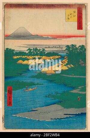 Nekozane au canal de Horikiri n° 96, à partir de cent vues célèbres d'Edo Horie Nekozane. Deux villages de pêche, Nekozane, sur le côté droit de la rivière, et Horie, sur la gauche, étaient tous deux connus pour les mollusques et crustacés. La rivière, connue sous le nom de Border River (Sakaaigawa) a deux ponts, le plus proche est nommé Border Bridge (sakiabashi). Banque D'Images