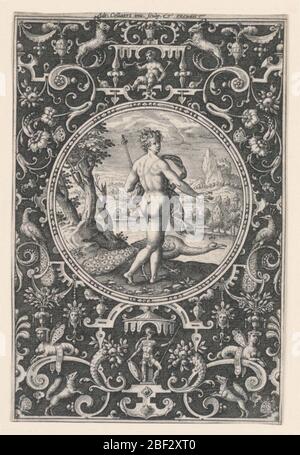 Juno plate 1 du jugement de Paris. Panneau vertical avec Juno dans un paysage dans un médaillon au centre. La figure, portant une couronne et tenant un sceptre, est vue de derrière et regarde de nouveau sur son épaule droite. Banque D'Images