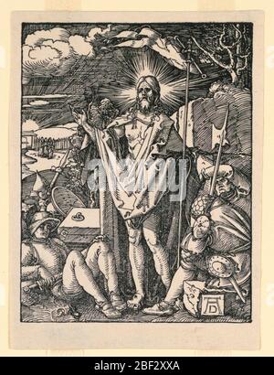 La Résurrection de la série Little Passion. Christ est au centre de la composition, sa main gauche tenant sa bannière, sa main droite élevée. Les soldats s'endorment sur le terrain à gauche et à droite. Monogramme de Dürer, en bas à droite. Banque D'Images