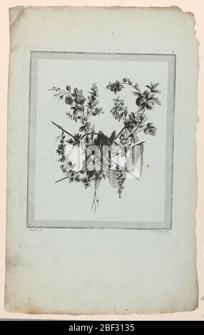 Trophée avec outils de la chasse de la Suite de Trophes de chasse Suite VI La tête d'un sanglier et la corne de chasse, avec d'autres instruments de la chasse et des gueules de fleurs forment un trophée. Ci-dessous, les noms des graveurs et des créateurs. Depuis : la suite VI, page 5. Banque D'Images