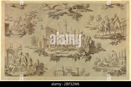 Dessin animé pour l'impression de coton la vie de Belisaire la vie de Blisaire. La conception d'une bande dessinée pour un textile illustre cinq scènes de la vie ultérieure du général byzantin Belisarius (CA.505-565), de Macédoine. Banque D'Images