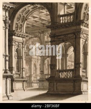 Intérieur design de scène de la Renaissance Portico. Rectangle vertical. Portique de style Renaissance avec pilastres et arches, richement décoré. Banque D'Images