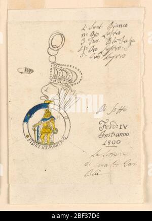 Dessin d'un insigne de l'ordre militaire sicilien. Croquis de travail montrant un dessin pour un insigne de l'ordre militaire R. sicilien de Saint Ferdinand et du mérite. À gauche, une petite esquisse d'une partie d'une couronne. Banque D'Images