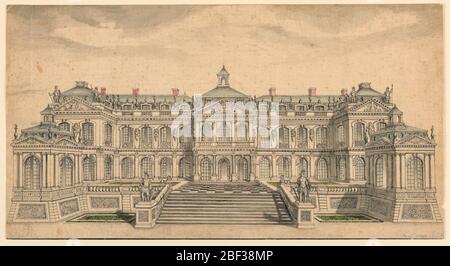 Élévation d'une façade de jardin pour un petit palais français. Un vol d'escalier mène à une terrasse, dont les extrémités du projet. Maison avec deux étages et un mansarde. La section centrale et les ailes courtes projet. La plupart des fenêtres sont ouvertes sous le soleil et les ombres coulées. Banque D'Images