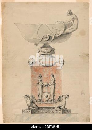 Conception d'un socle et d'un bol pour l'exécution en billes blanches et roses pour Marie-Antoinette à St Cloud. Le socle se trouve sur une base. Il est supporté aux coins par des griffins obliquement éliminés. Un soulagement à son avant montre deux filles verser de l'eau d'un pot dans une urne. Les masques pour dauphins soutiennent les festons ci-dessus. Le bol a un pied. Banque D'Images