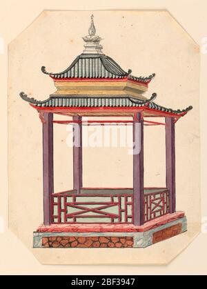 Design pour un Pavillon chinois. Rectangle vertical. Pavillon ouvert rectangulaire en plan, avec un toit pagode à deux niveaux supporté par quatre colonnes. La structure est sur un podium. Banque D'Images