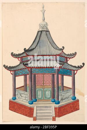 Design pour un Pavillon chinois. Rectangle vertical. Structure octogonale debout sur un podium, colonnes supportant le toit de pagode à deux niveaux. Une petite véranda entoure la crique intérieure fermée du bâtiment. Banque D'Images