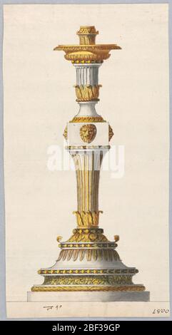 Design pour une bougie. Rectangle vertical. Conception d'un chandelier destiné à être exécuté avec du marbre blanc et du bronze doré. Au-dessus d'une base, deux colonnes foliées et cannelées sont reliées par un carré, avec des masques de lion au centre. Banque D'Images