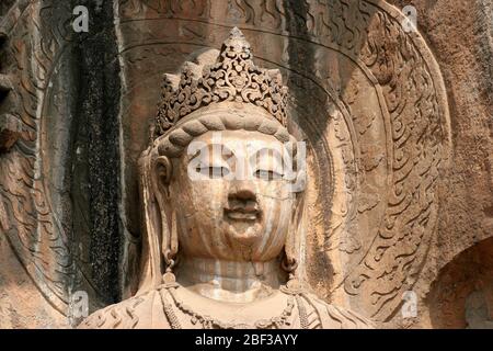 Grottes de Longmen dans la province de Luoyang Henan statue de Manjushri dans le temple Fengxian Banque D'Images