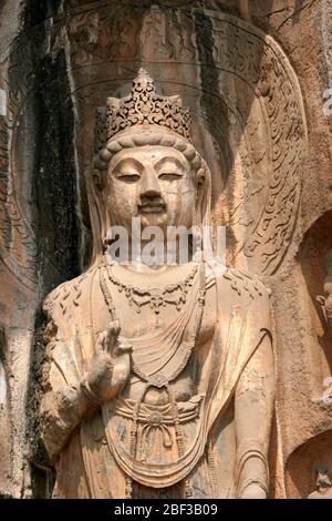 Grottes de Longmen dans la province de Luoyang Henan statue de Manjushri dans le temple Fengxian Banque D'Images