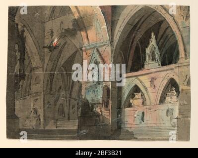 Intérieur de l'église gothique. Rectangle vertical. Intérieur de l'église voûtée gothique avec grand monument décoré et draperies montrant la croix maltaise et les armoiries. Banque D'Images