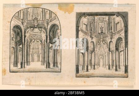Intérieur design de scène des Halls de palais. Rectangles horizontaux montrant une salle richement décorée avec des moulures architecturales et des sculptures sur les socles. En arrière-plan, les textiles pendent des coquilles au-dessus de trois portes archies. Banque D'Images