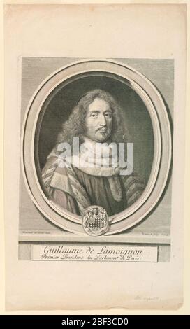 Portrait de Guillaume de Lamignon 16171677. Portrait en buste dans une vue de trois quarts tournée vers la droite. Dans un cadre ovale avec les armoiries sur la partie inférieure. Il se tient sur une moulure sur laquelle sont inscrits les noms des artistes. Ci-dessous, une plaquette inscrite. Banque D'Images