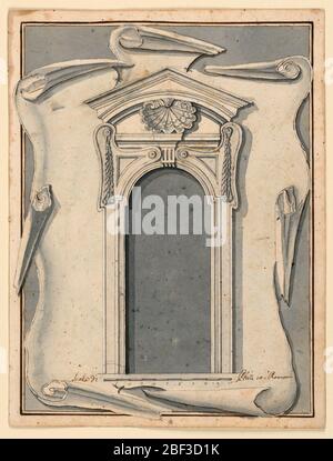 Conception d'un cadre de porte. Sur le dessus sont angulaires et un pediment circulaire. Une coque dans le champ ; les coins supérieurs du cadre moulé sont sculptés et relevés avec des guirlandes suspendues. Echelle ci-dessous. Un défilement papier forme la section supérieure de l'arrière-plan. Banque D'Images