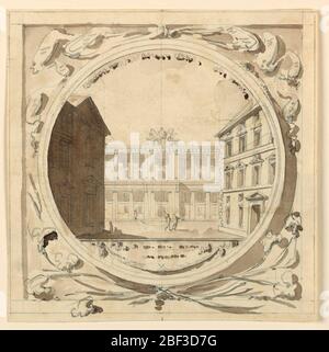 Conception possible pour la scène de grugeage dans les ornements de cercle dans les coins. Rectangle carré. Scène de paysage inscrit en cercle, deux acteurs sur la place avec le palais autour. Ornements dans les coins du dessin. Conception possible pour le grugeage. Banque D'Images