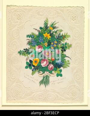 Saint Valentin. Bouquet de fleurs colorées en rose, bleu, jaune et feuilles de différents verts. Le papier découpé est décoré de spirales et de points. Inscriptions dans tout. Banque D'Images