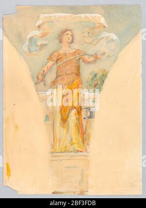 Personnification de l'étude de métallurgie pour le dôme de l'exposition colombienne de la construction des fabricants Chicago il. Étude murale pour la pendance. Figure féminine dans une robe jaune et orange, debout face légèrement droite devant une rampe. Elle tient le hile d'une épée dans une main et la pointe dans une autre, la courbant. Banque D'Images