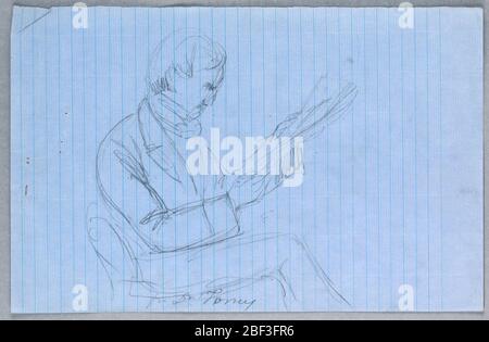 Étude pour le groupe scientifique. Homme assis dans le profil droit, lisant un papier. Ses pieds ne sont pas montrés. Banque D'Images