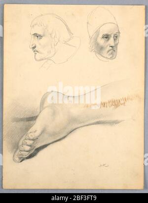 Études d'un pied droit deux têtes. Deux têtes d'hommes, la gauche dans le profil gauche. Cheville et pied de personne inclinée ou pétrir, en dessous. Verso: Homme âgé dans un peignoir, face à droite. Il a une barbe. Le corps esquissé légèrement. Banque D'Images