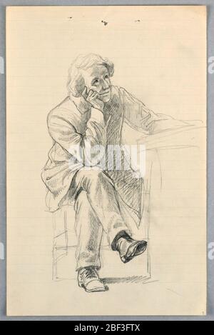 Étude pour le groupe scientifique. Homme assis à une table, écoutant quelqu'un à sa gauche. Ses genoux ont traversé; sa main droite près de son menton. Banque D'Images