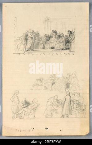 Étude pour le groupe scientifique. Ci-dessus, étude des tons horizaux pour une peinture. Ci-dessous, des études pour les groupes de figurales dans la composition la plus grande. En bas à gauche, homme assis à une table et deux autres. En bas à droite, l'homme se tenant avec son dos vers l'observateur et d'autres assis autour de la table. Banque D'Images