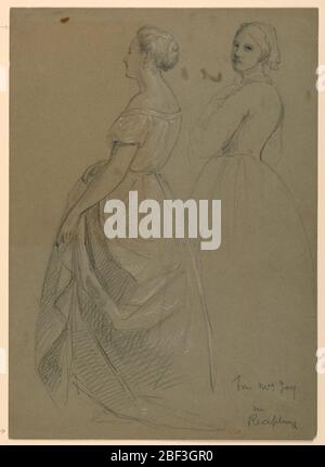 Étude de Mme Jay pour la Cour républicaine Lady Washingtons réception Day. Centre gauche, étude complète d'une femme dans une robe debout, tourné vers la gauche, avec ses cheveux dans un pain. Esquisse de trois quarts, à droite, avec une femme regardant sur son épaule gauche au spectateur. Banque D'Images
