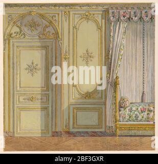 Lit en alcôve du palais de Fontainebleau. Élévation de la paroi de section. Droite, partie de l'alcôve du lit; gauche, porte. Dado en marbre, avec surface de mur au-dessus décorée de panneaux contenus dans des cadres dorés étroits avec utilisation centrale et symétrique de motifs rocaille. Banque D'Images