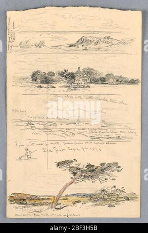 Croquis de Sea Girt New Jersey. Recto: Rangée supérieure, vue des dunes vers la mer et le rivage. Notes de couleur écrites avec crayon le long du bord gauche. Deuxième rangée : une habitation entourée d'arbres affichée à la distance moyenne. Troisième rangée : ciel sur les dunes et la mer. Banque D'Images