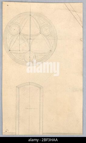 Façade d'une église gothique. Une porte étroite basse avec moulures simples et une fenêtre rose sont illustrées. Une partie d'autres détails, à droite. Verso: Esquisse pour la tête d'une femme, couchée, orientée vers le haut, montré de la joue droite, esquissée en crayon noir. Banque D'Images