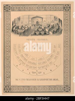 Chambre du Sénat Harrisbug Pennsylvannia. Rectangle vertical. Vignette de l'intérieur de la Chambre du Sénat, en regardant vers le podium du Président. Ci-dessous: Plan de la chambre, avec les noms des membres indiqués. Légende : 'Sénate Chamber Harrisburg 1850.' Enfermé dans un cadre décoratif. En bas à gauche : « Pubished by S.T. Banque D'Images