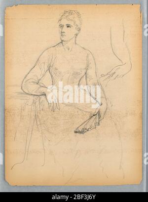 Esquisse pour un portrait d'une femme assise. Femme assise face à la façade, bras droit reposant sur une table et ventilateur dans sa main gauche. Elle regarde vers la gauche. Le bras gauche se répète, en haut à droite. Banque D'Images