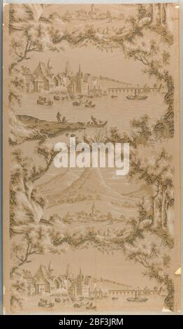 Flanc. Rectangle vertical, pleine largeur, donnant presque deux répétitions. Cadre de rochers, arbustes et arbres enfermant des vignettes pittoresques; l'un, une campagne avec village, deux collines couronnées de ruine en arrière-plan; l'autre, une rivière avec bateaux, maisons et befry sur la rive. Banque D'Images