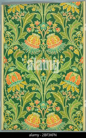 Flanc. Motif fleuri dérivé de Morris. Symétrique de chaque côté d'un axe vertical, de fantastiques fleurs dans des tons pastel de bleu, abricot, jaune moutarde de montée du feuillage vert pastel. Banque D'Images