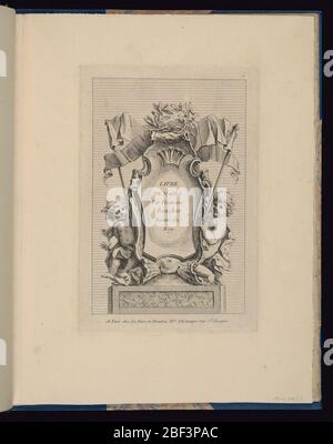 Plaque 1 titre plaque Livre de vases Livre de vases. Au centre, une cartouche entourée de putti à gauche et à droite, chacun tenant le support d'une bannière en haut. Au-dessus de l'escutcheon, une couronne de feuilles de laurier. Banque D'Images