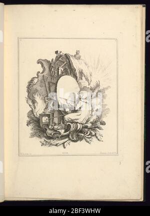 Conception d'une cartouche représentant un Allégory de l'artiste-peintre. Un artiste portant une fesse à capuche est assis devant une toile ovale, une longue brosse dans sa main gauche. Un chiffre, à gauche, semble préparer la peinture sur un four à charbon. Une bouteille et d'autres contenants sont ci-dessous. Un buste d'un animal est en haut à droite. Banque D'Images